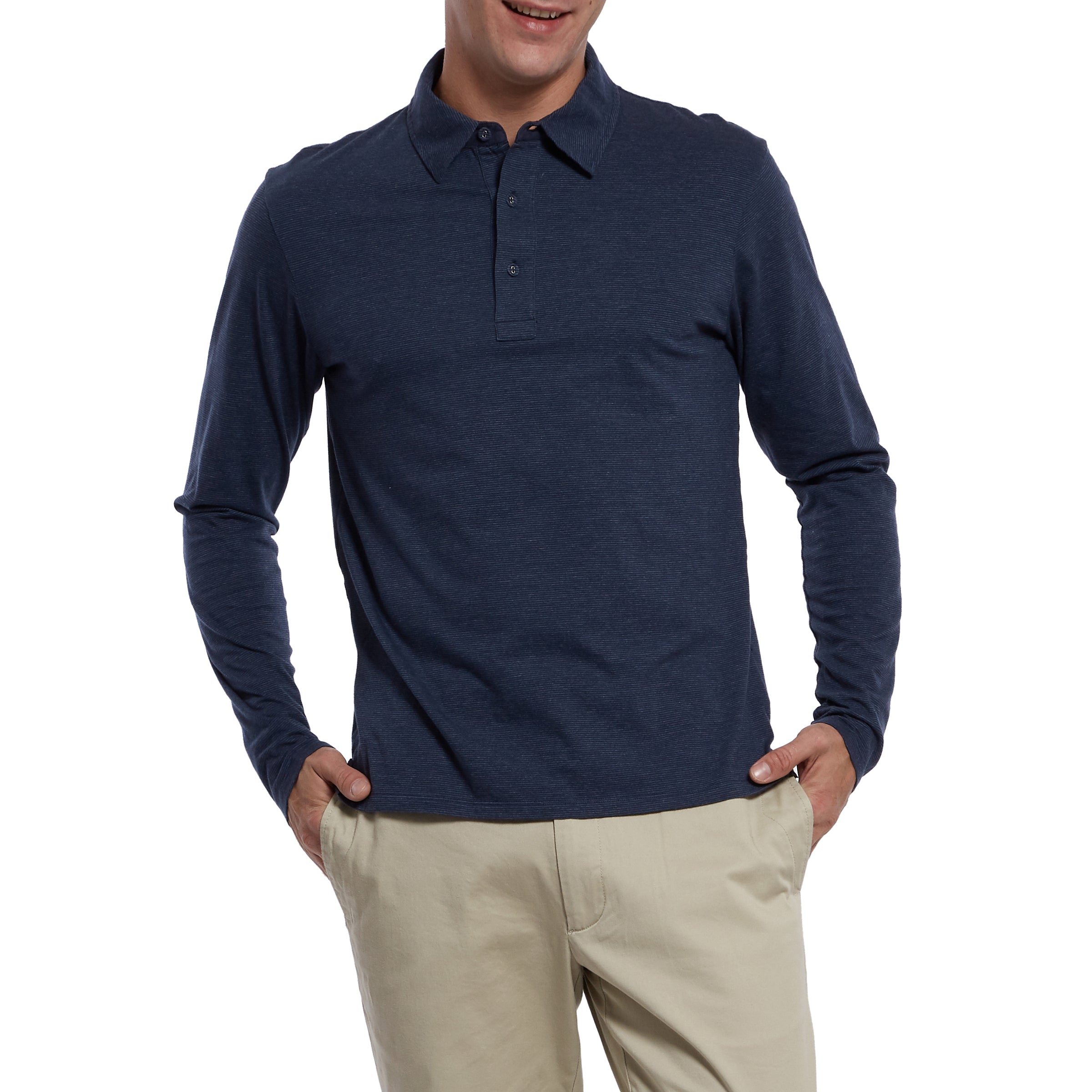 Drake Long Sleeve Micro Stripe Polo - Mood Indigo-Grayers